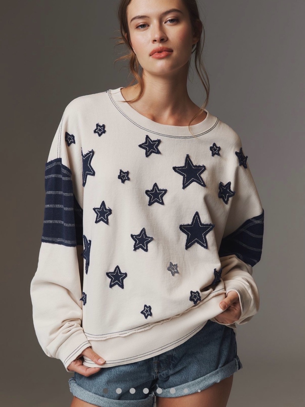 NWOT Pilcro Star Appliqué Crewneck Sweater - Cream with Navy Stars